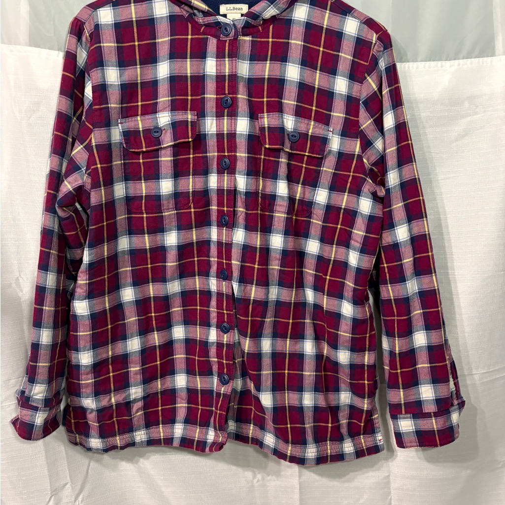 L.L. Bean Womens Burgundy White And Navy Plaid Button-Up Shirt Fleece Lined